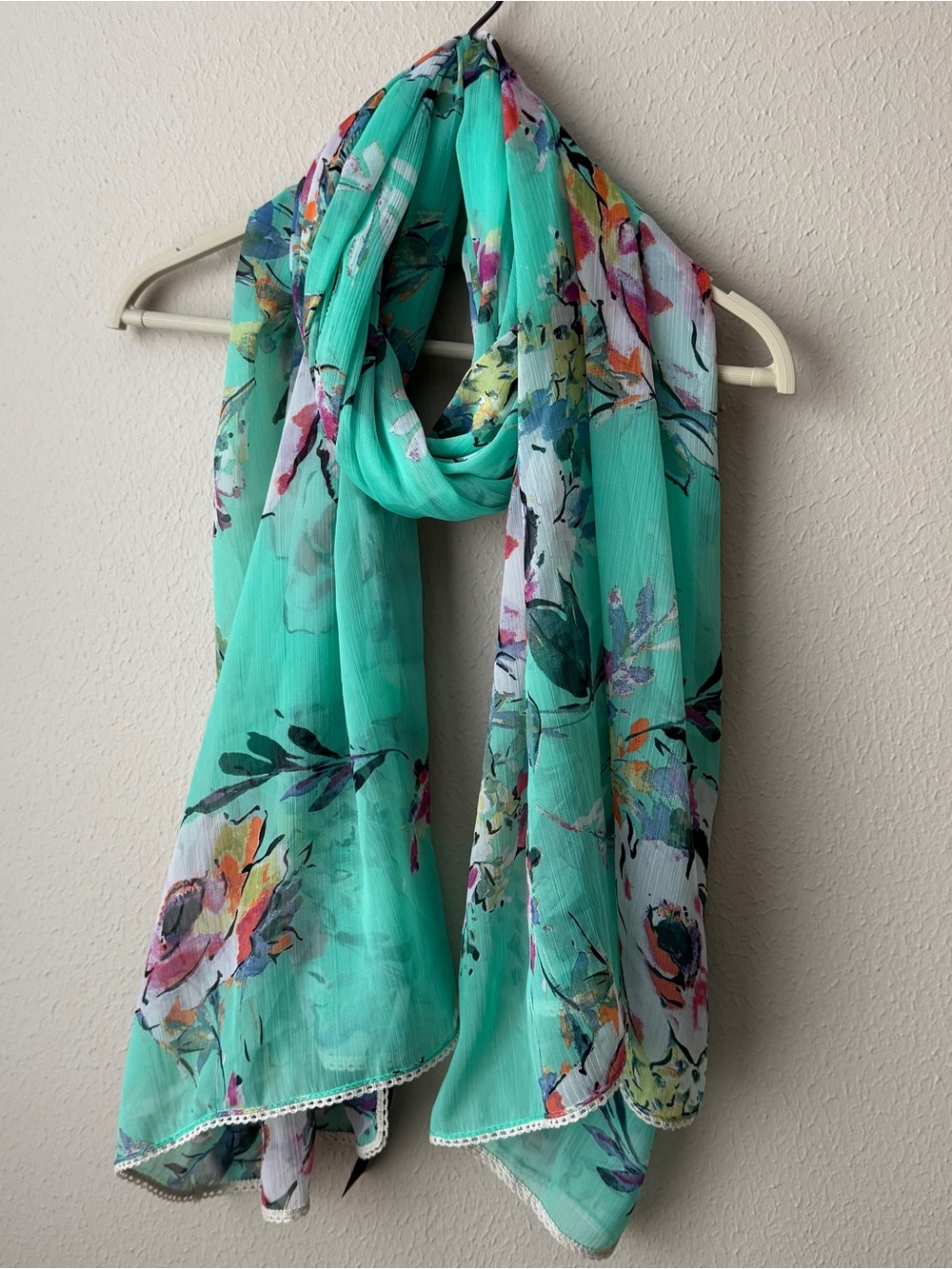 Cejon Rectangular Tie Neck Scarf Wrap Green Pink floral design 76”x 42” Casual